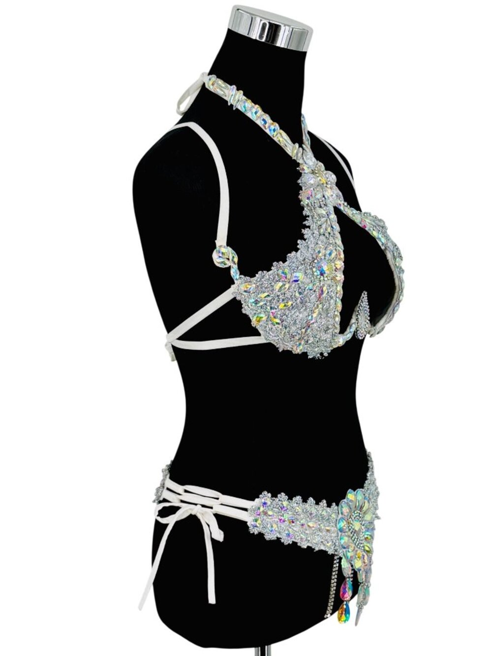 Silver Crystal Rhinestone Bra & Belt Set | Samba Coachella Rave Festival Dancer - Picture 9 of 13